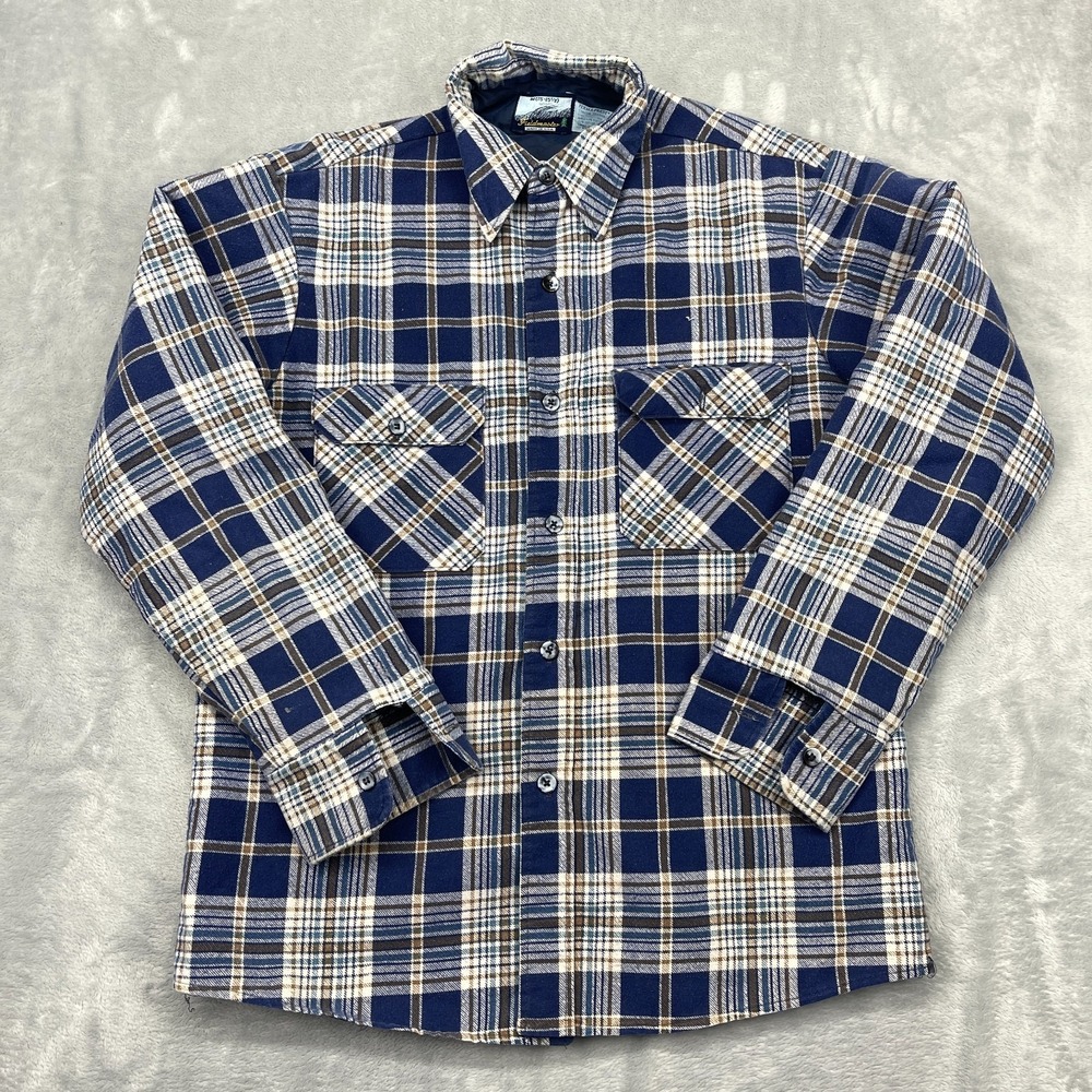 Fieldmaster‎ Perma Prest Flannel Shirt Mens M (15-15.5) Blue Plaid Button-Up USA